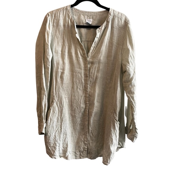 Sigrid Olsen Light Green Linen ButtonDown Shirt Tunic pockets womens large L - Picture 1 of 6